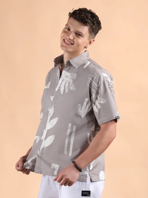 Light Mauve Printed Half Sleeve Cotton Shirt For Men